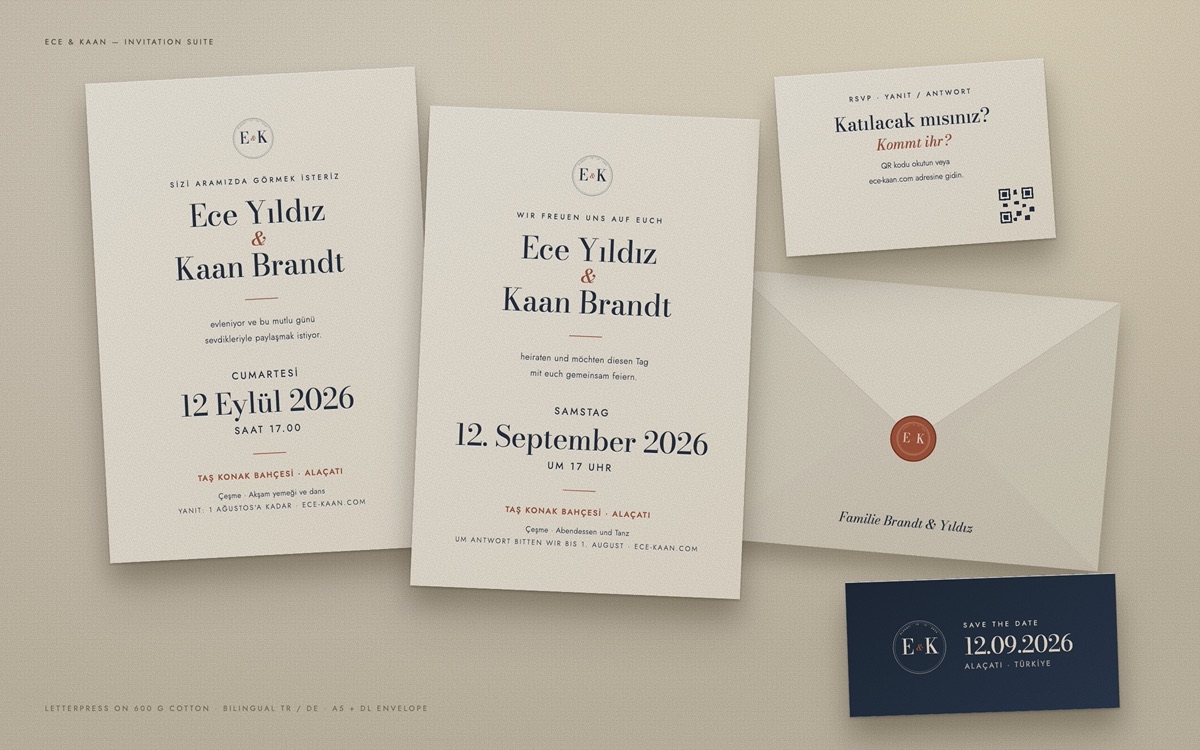 Ece & Kaan — Türkçe ve Almanca davetiye, RSVP kartı, zarf ve save the date