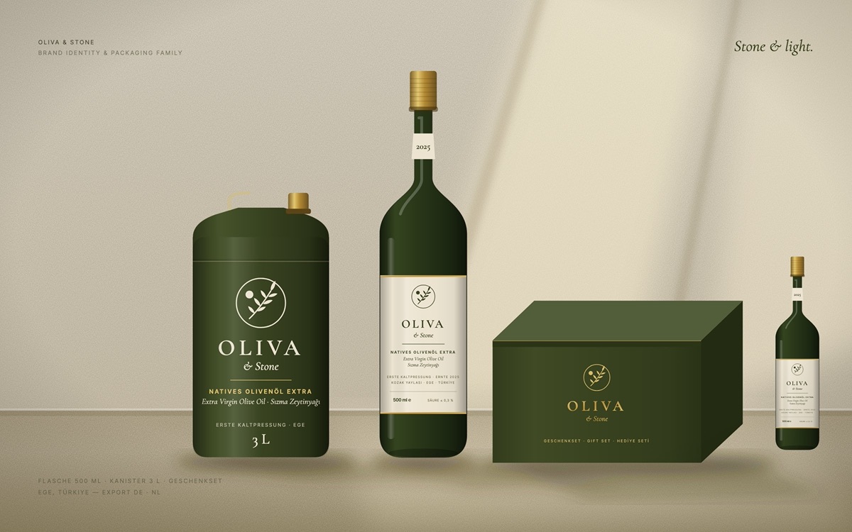 Oliva & Stone — Şişe, teneke ve hediye kutusu: Oliva & Stone ambalaj ailesi