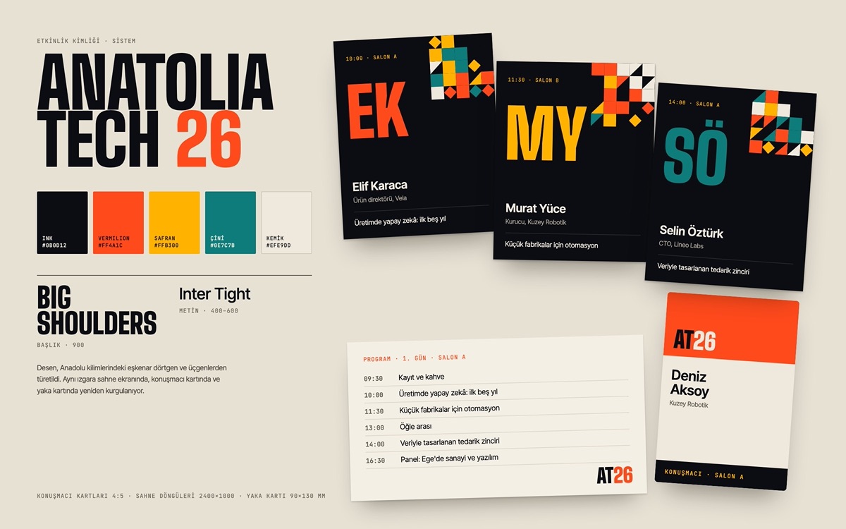 Anatolia Tech Summit — Etkinlik kimliği: konuşmacı kartları, program ve yaka kartı